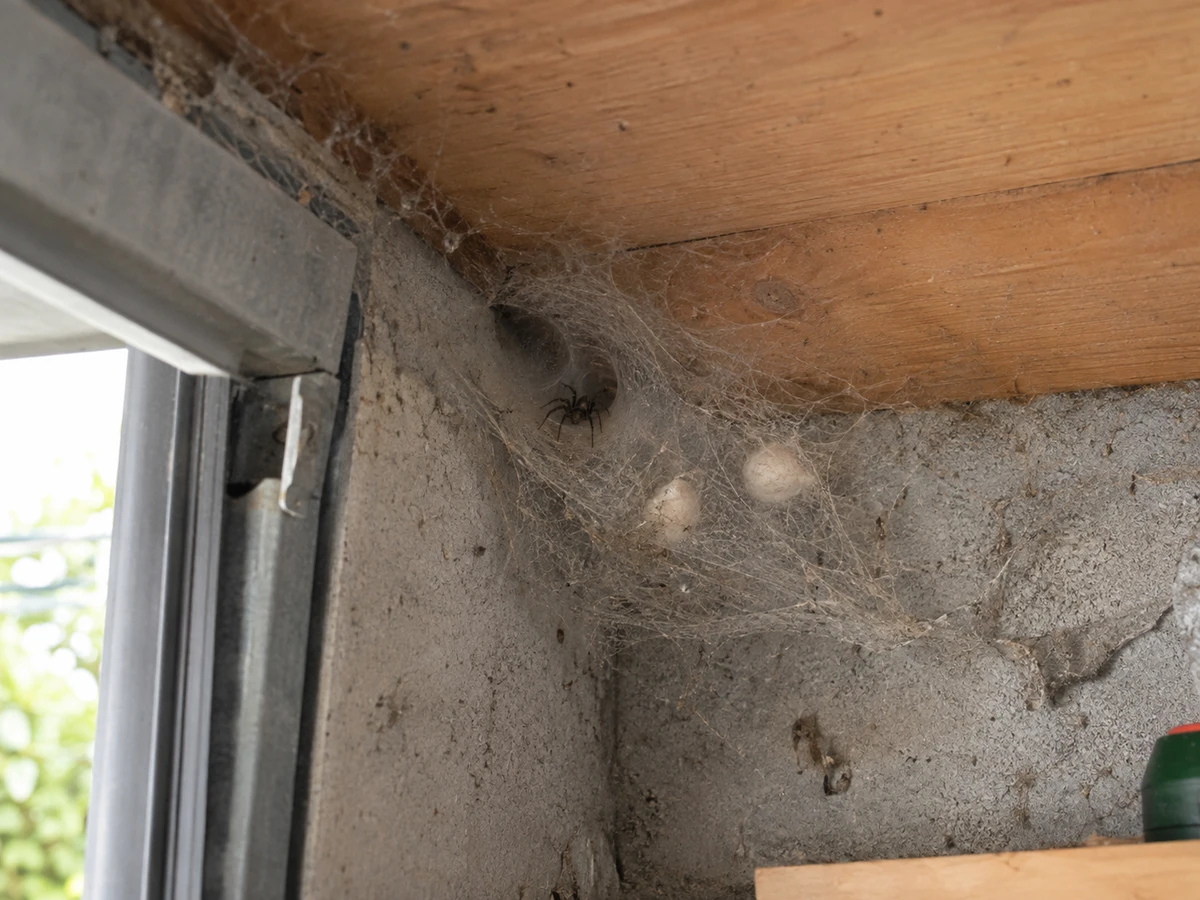 Toile en nappe et cocons dans l’angle du garage : photo d’identification (insectes de maison)