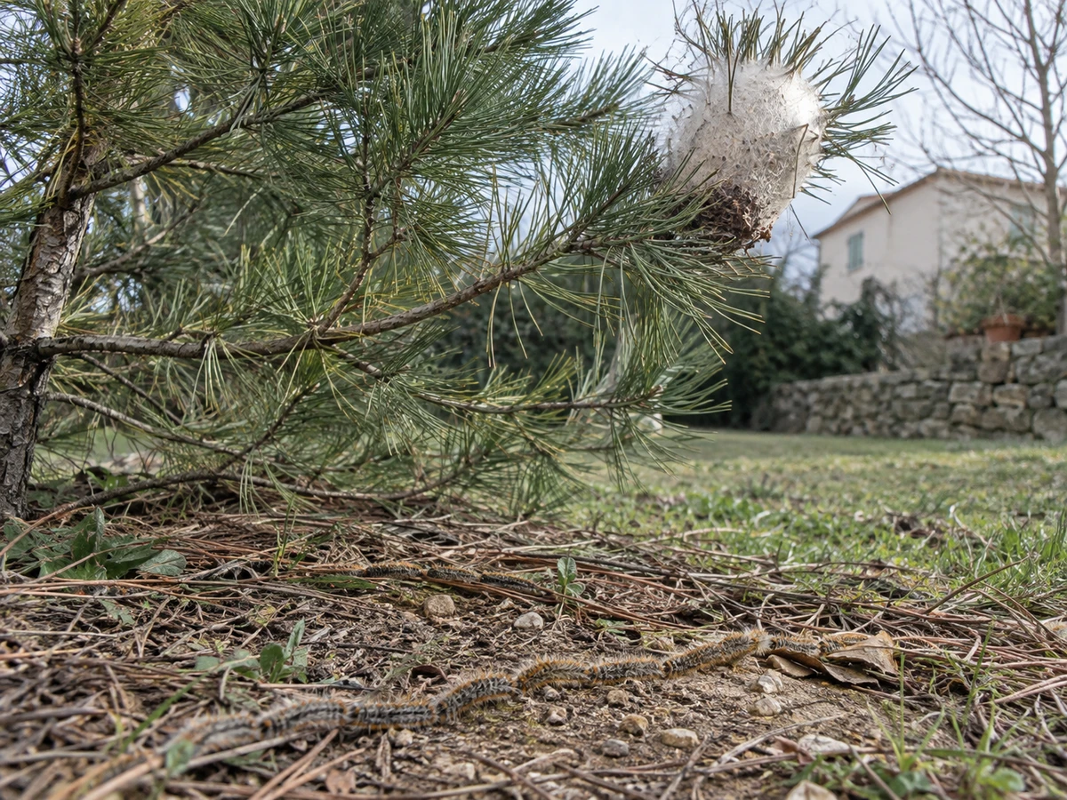 Nids dans le pin en hiver, puis procession de chenilles : photo d’identification (jardin & extérieur)