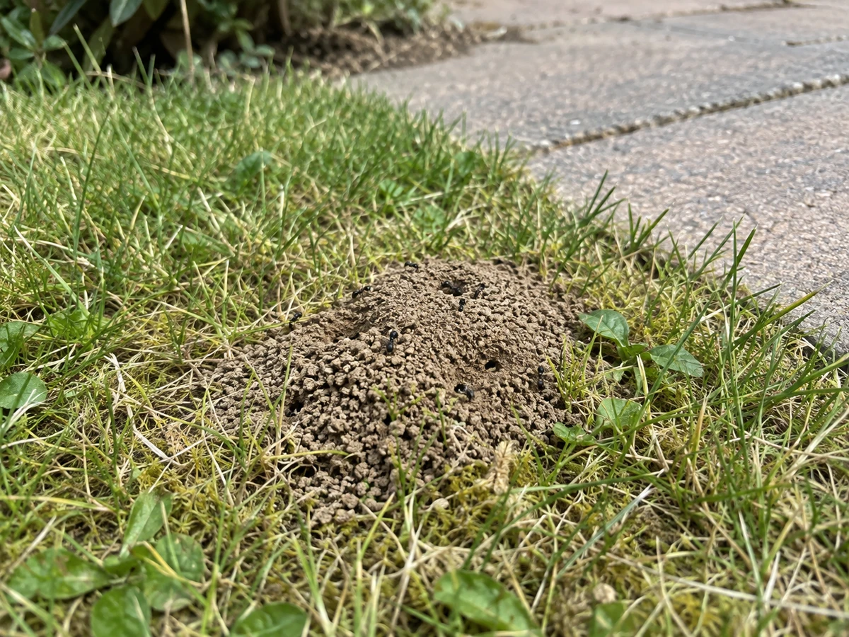 Petit volcan de terre fine dans la pelouse : photo d’identification (fourmis)