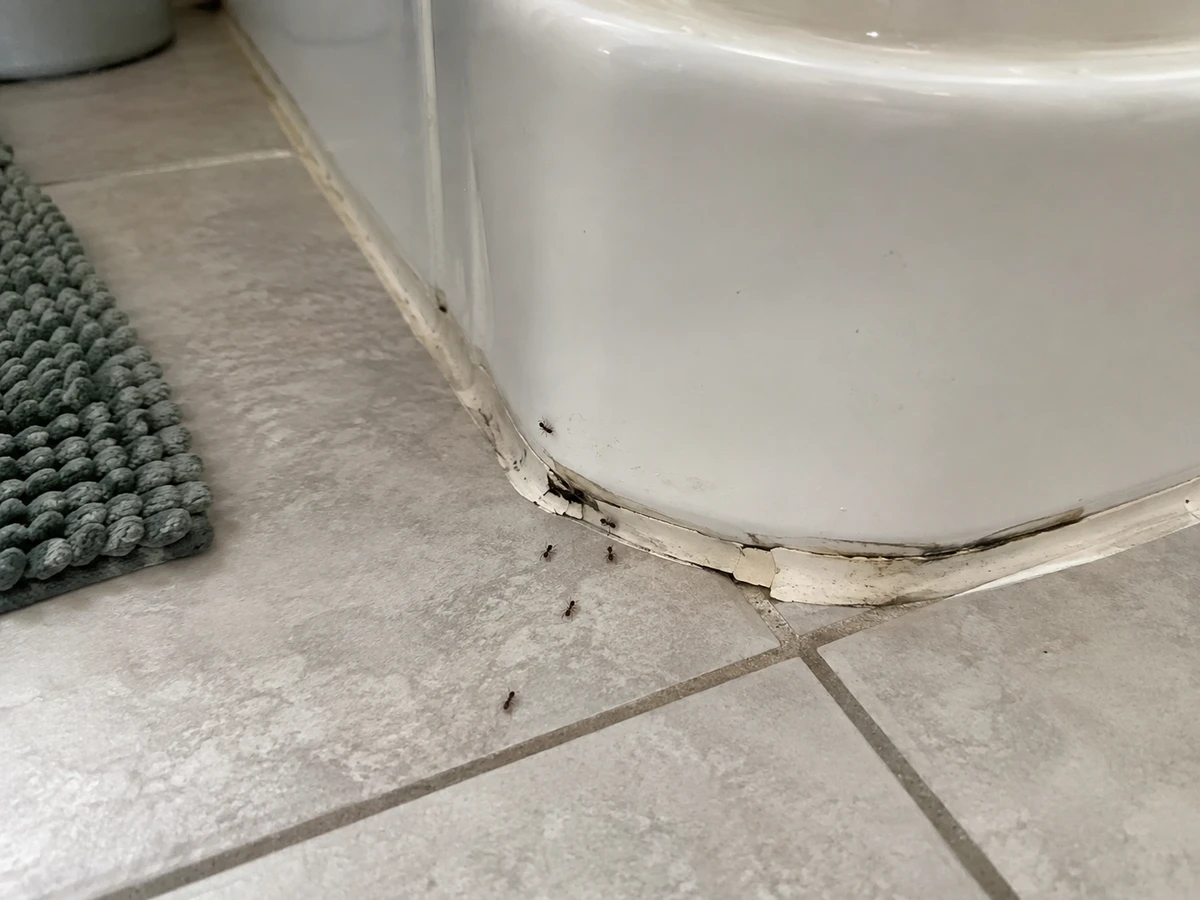 Fourmis qui sortent du cordon de silicone de la baignoire : photo d’identification (fourmis)