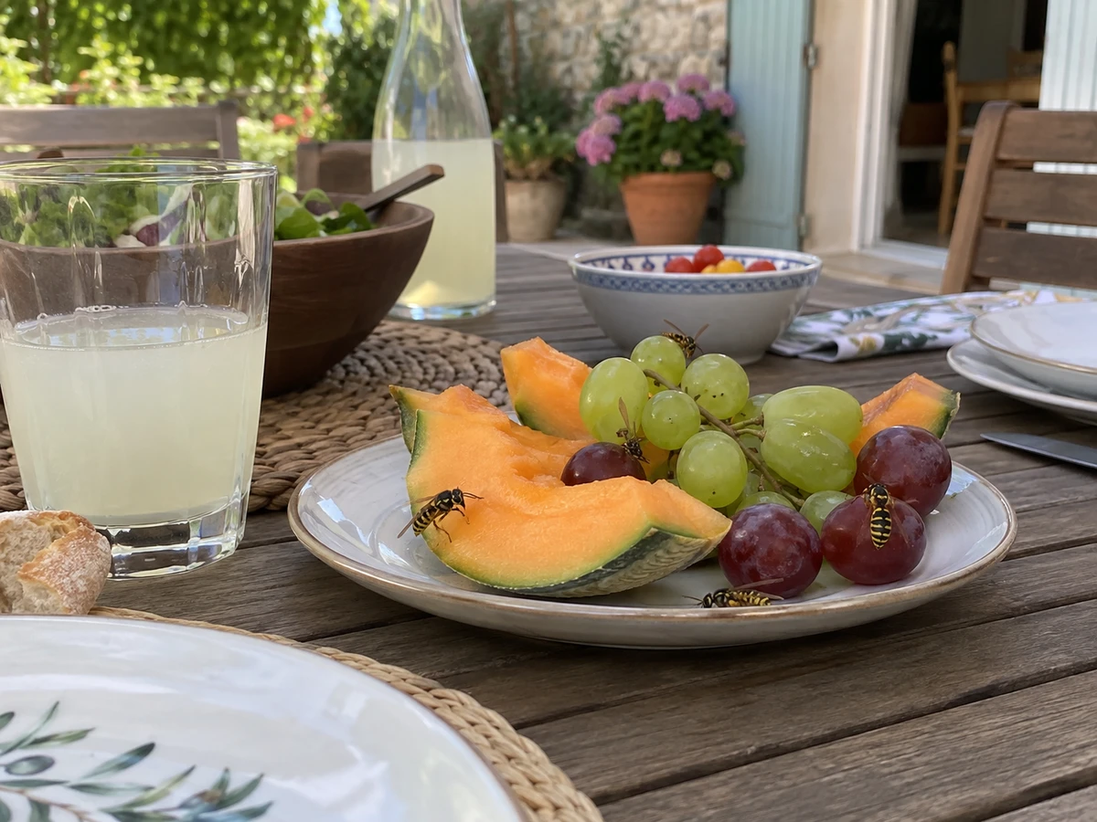 Guêpes autour des plats et des verres sur la table : photo d’identification (guêpes & frelons)