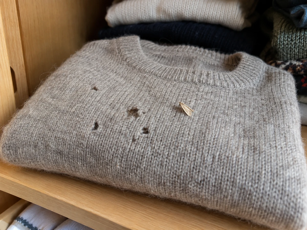 Petits trous dans un pull en laine rangé : photo d’identification (insectes de maison)