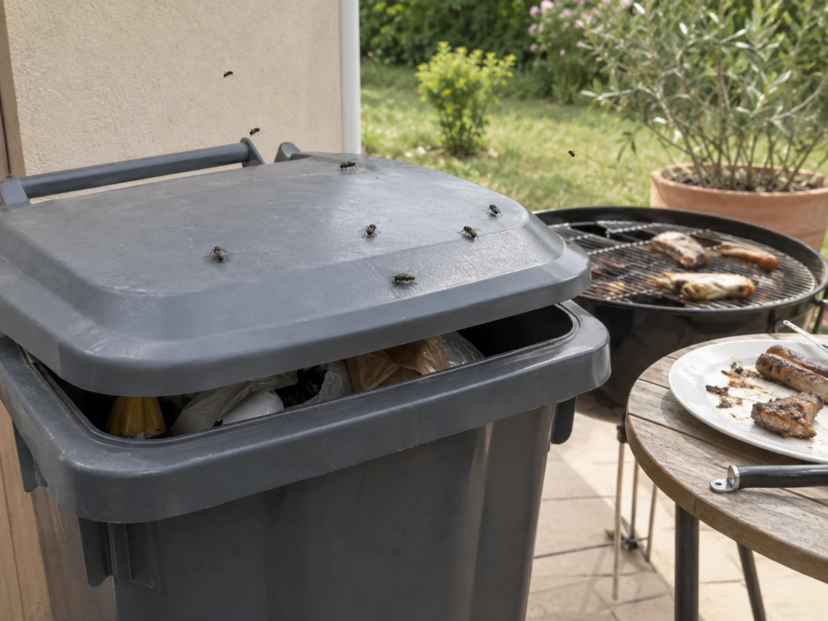 Mouches autour de la poubelle et des restes de barbecue : photo d’identification (mouches & moucherons)