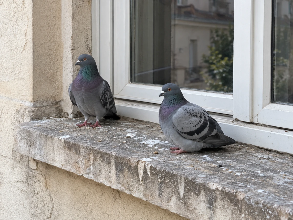 Pigeons installés sur l’appui de fenêtre et déjections acides : photo d’identification (jardin & extérieur)