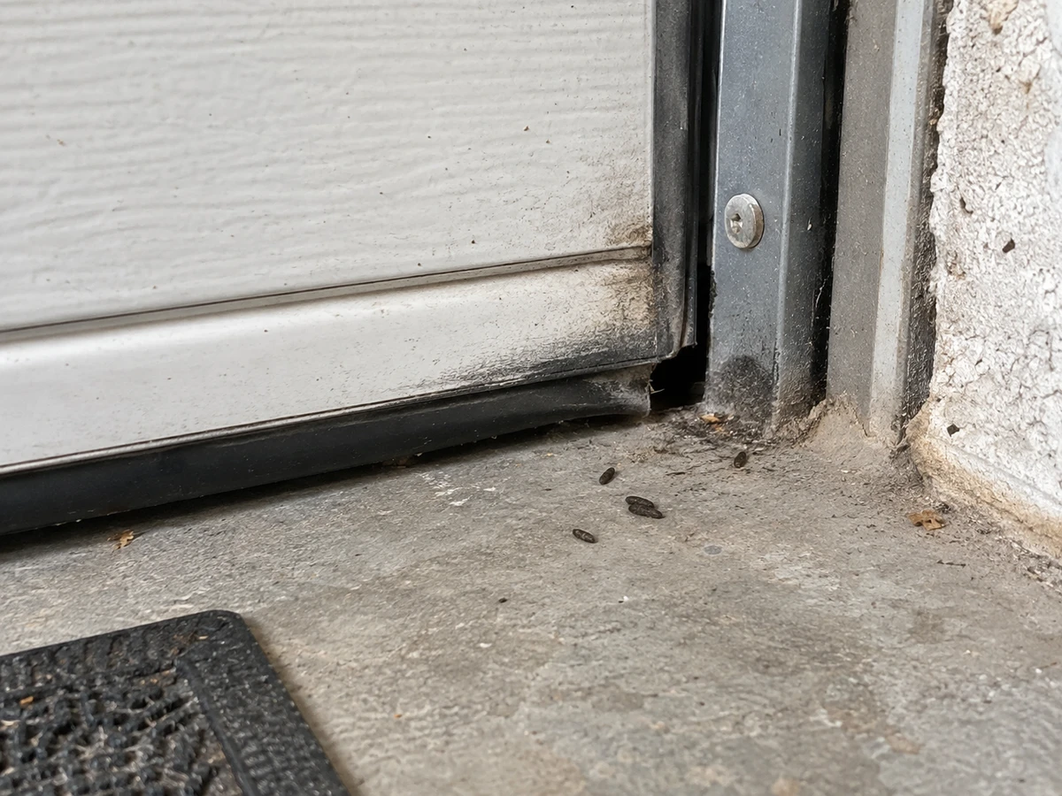 Jour sous la porte du garage bordé de traces grasses : photo d’identification (souris & rats)