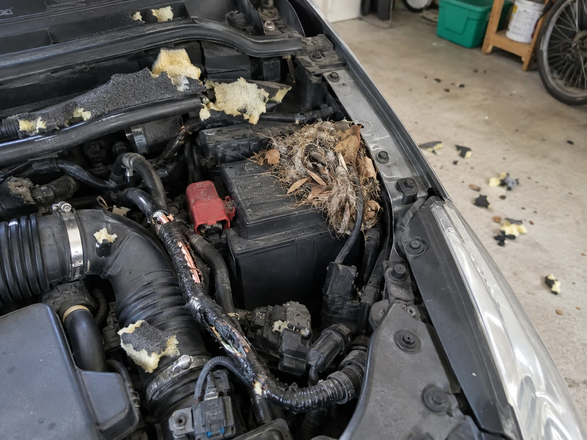 Bouts de mousse isolante sous la voiture et câbles rongés : photo d’identification (souris & rats)
